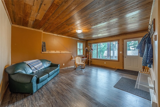 277 Ridge Loop Rd, Rexford, MT 59930 - living area featuring wood ceiling, wood finished floors, crown molding, and baseboards