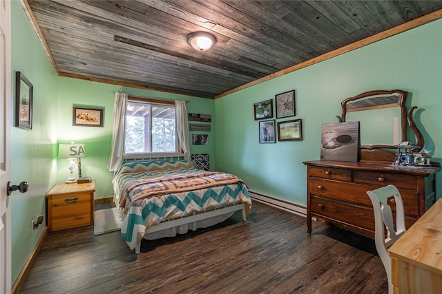 277 Ridge Loop Rd, Rexford, MT 59930 - bedroom with wooden ceiling, crown molding, baseboard heating, wood finished floors, and baseboards