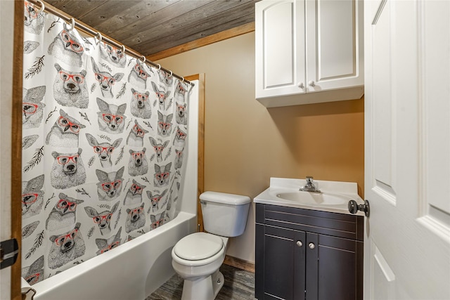 277 Ridge Loop Rd, Rexford, MT 59930 - bathroom featuring wood ceiling, toilet, vanity, wood finished floors, and shower / bathtub combination with curtain