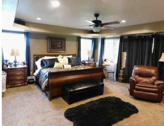 614 Johnson Ln, Superior, MT 59872 - bedroom with light carpet, recessed lighting, and ceiling fan