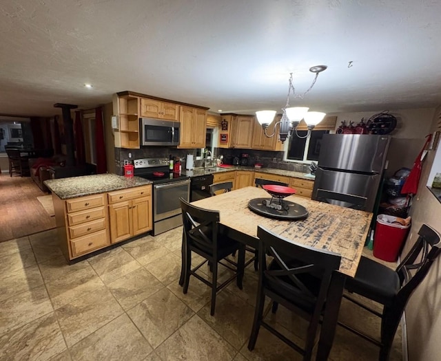 614 Johnson Ln, Superior, MT 59872 - kitchen featuring stainless steel appliances, open shelves, backsplash, a chandelier, and a sink
