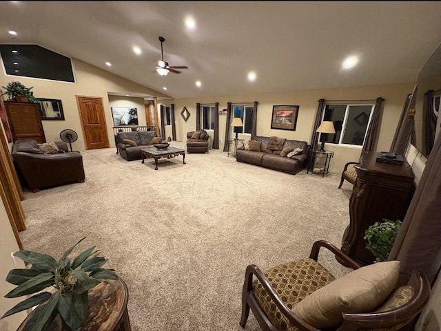 614 Johnson Ln, Superior, MT 59872 - living area featuring a ceiling fan, recessed lighting, lofted ceiling, and carpet