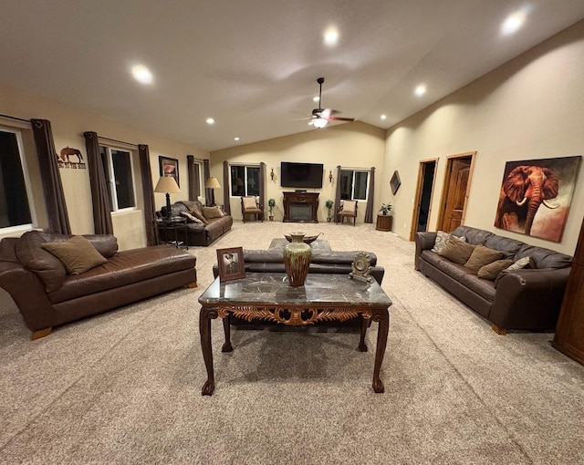 614 Johnson Ln, Superior, MT 59872 - carpeted living room with a ceiling fan, recessed lighting, and vaulted ceiling