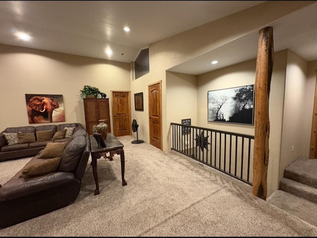 614 Johnson Ln, Superior, MT 59872 - carpeted living room featuring recessed lighting and lofted ceiling