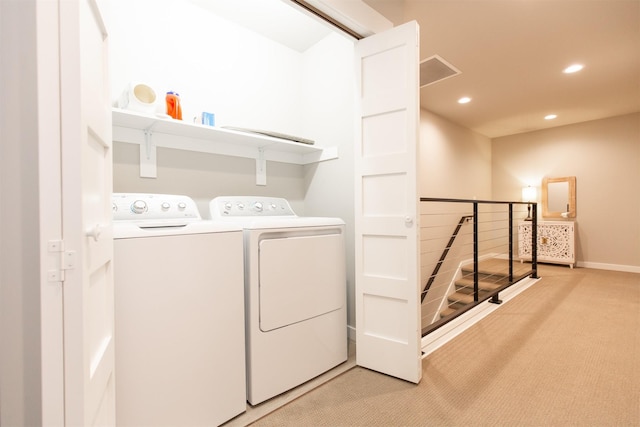 4394 Brookside Ln, Bozeman, MT 59718 - laundry room featuring light carpet, independent washer and dryer, recessed lighting, and baseboards
