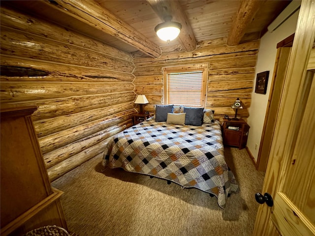 3966 Main Boulder Rd, Big Timber, MT 59011 - carpeted bedroom featuring log walls and wooden ceiling with exposed beams