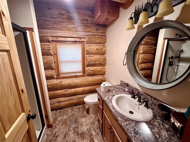3966 Main Boulder Rd, Big Timber, MT 59011 - full bath with log walls, vanity, toilet, a shower, and wood ceiling