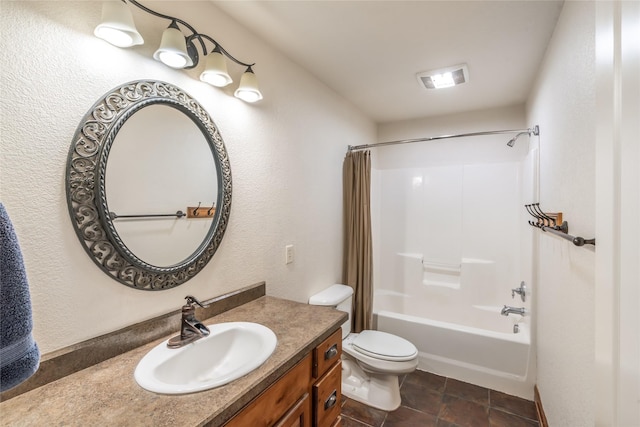 10 Canyon Breeze Ct, Stevensville, MT 59870 - bathroom with toilet, vanity, shower / bath combination with curtain, and a textured wall
