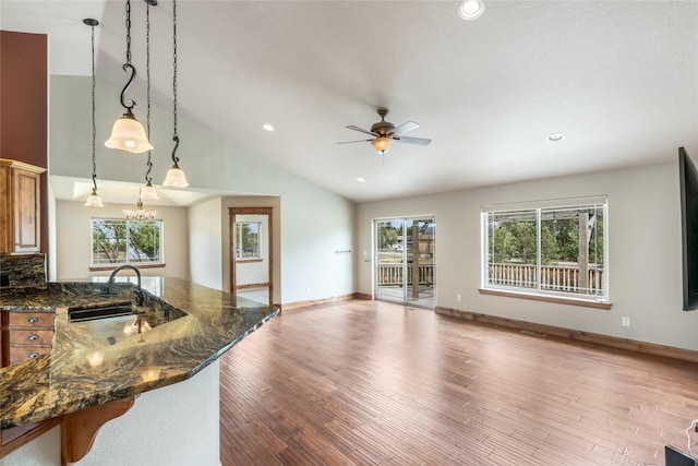 10 Canyon Breeze Ct, Stevensville, MT 59870 - kitchen with a ceiling fan, open floor plan, healthy amount of natural light, recessed lighting, and lofted ceiling