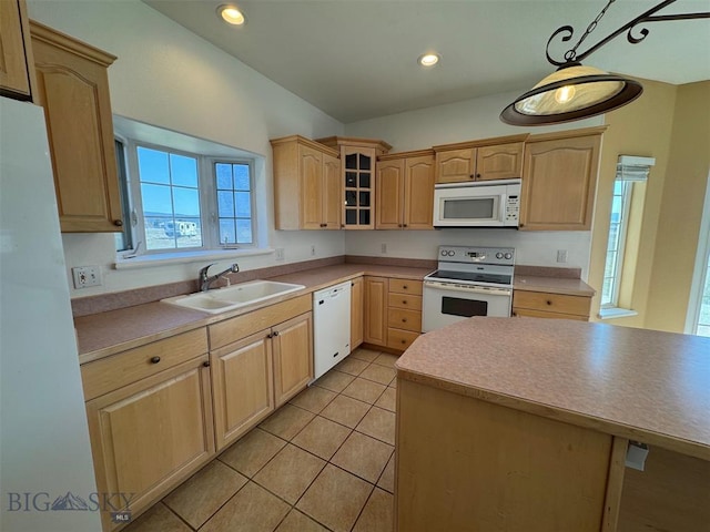 4160 Geneva Ln, Butte, MT 59701 - kitchen with white appliances, a sink, light brown cabinetry, glass insert cabinets, and light tile patterned floors