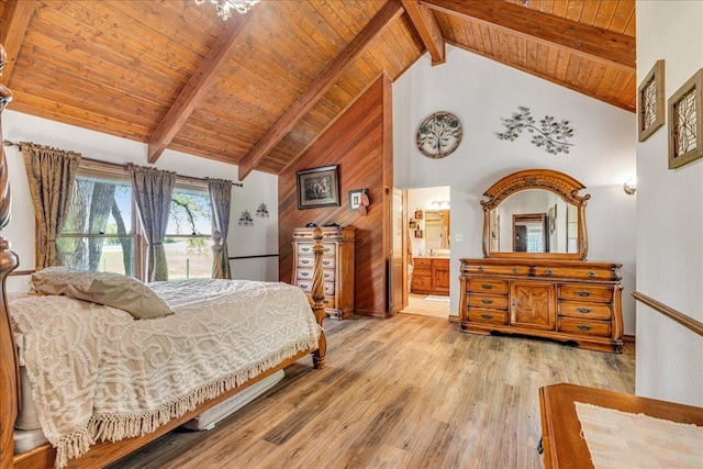 70 Dune Hill Ln, Great Falls, MT 59404 - bedroom featuring high vaulted ceiling, light wood finished floors, wooden ceiling with exposed beams, and connected bathroom