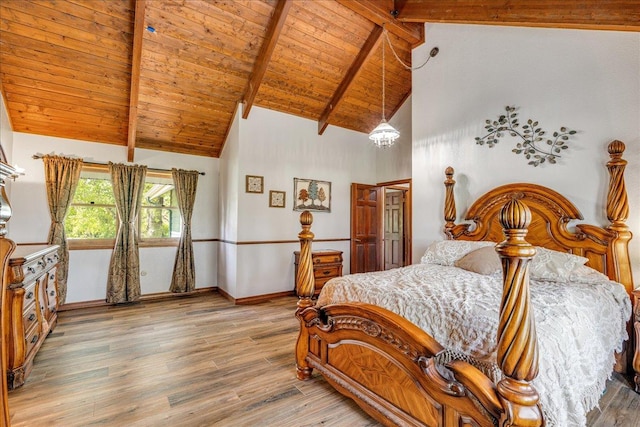 70 Dune Hill Ln, Great Falls, MT 59404 - bedroom featuring wood finished floors, baseboards, high vaulted ceiling, and wood ceiling with exposed beams