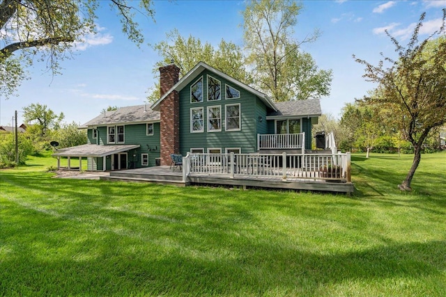 70 Dune Hill Ln, Great Falls, MT 59404 - back of property featuring a chimney, a deck, and a lawn