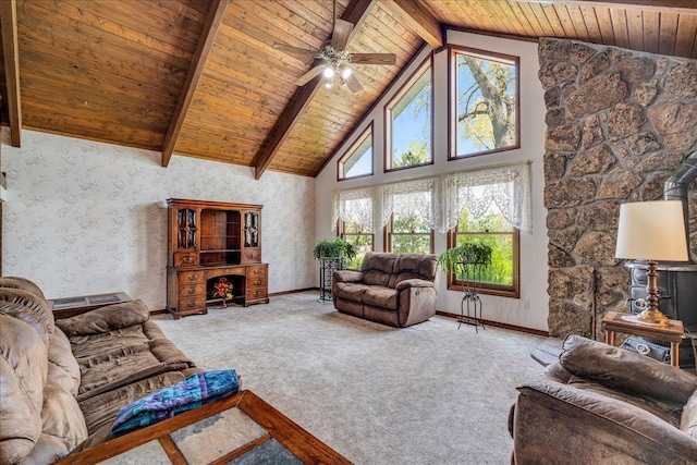 70 Dune Hill Ln, Great Falls, MT 59404 - living room with wood ceiling with exposed beams, high vaulted ceiling, a ceiling fan, a wood stove, and carpet