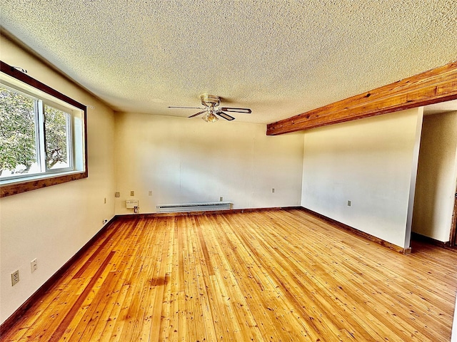 310 W Armitage St, Ennis, MT 59729 - unfurnished room with a textured ceiling, ceiling fan, light wood-type flooring, a baseboard heating unit, and baseboards