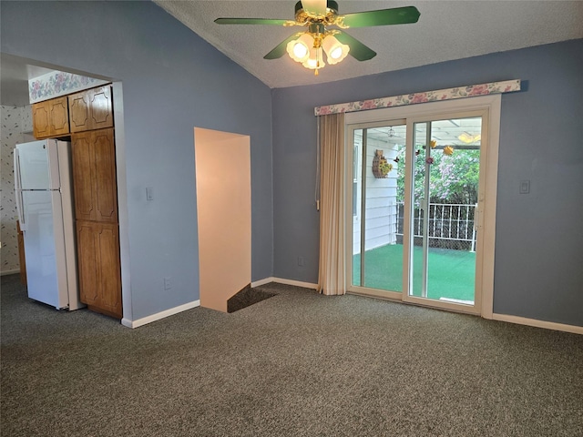 3421 4th Ave N, Great Falls, MT 59401 - spare room with carpet, lofted ceiling, ceiling fan, baseboards, and a textured ceiling