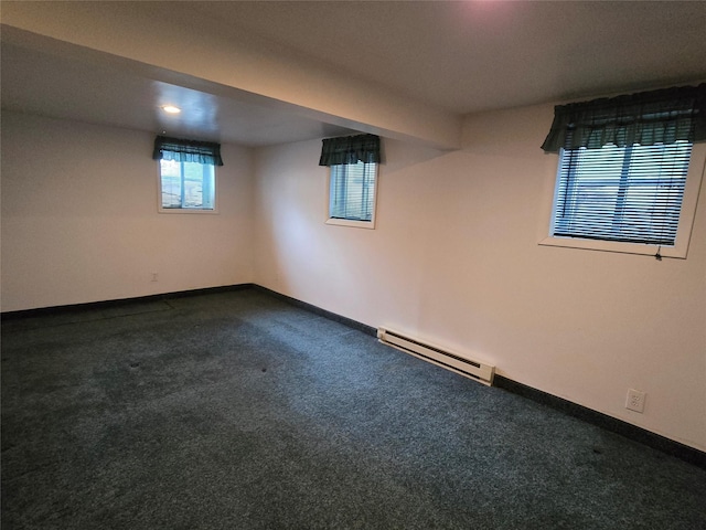 3421 4th Ave N, Great Falls, MT 59401 - below grade area with baseboard heating, dark carpet, and baseboards