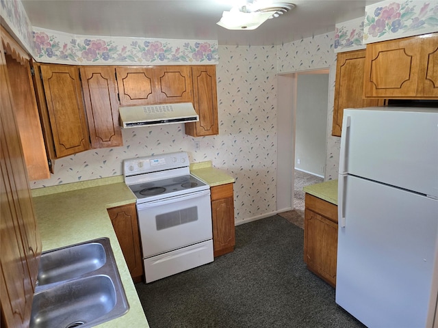 3421 4th Ave N, Great Falls, MT 59401 - kitchen with white appliances, ventilation hood, wallpapered walls, brown cabinetry, and a sink