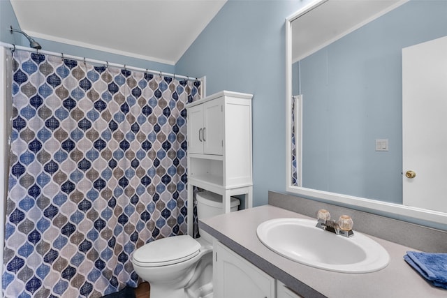 3805 7th St NE Unit 107, Great Falls, MT 59404 - bathroom featuring vaulted ceiling, toilet, vanity, and a shower with shower curtain