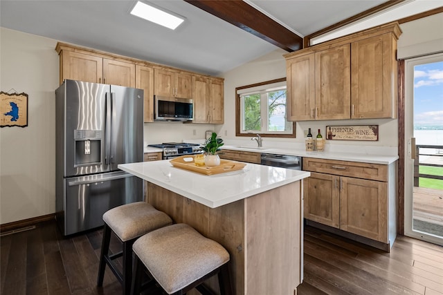 38941 Baypoint Ln, Polson, MT 59860 - kitchen featuring appliances with stainless steel finishes, dark wood-style flooring, a sink, a center island, and light countertops