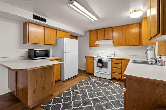 38941 Baypoint Ln, Polson, MT 59860 - kitchen with white appliances, a sink, under cabinet range hood, a peninsula, and wood finished floors