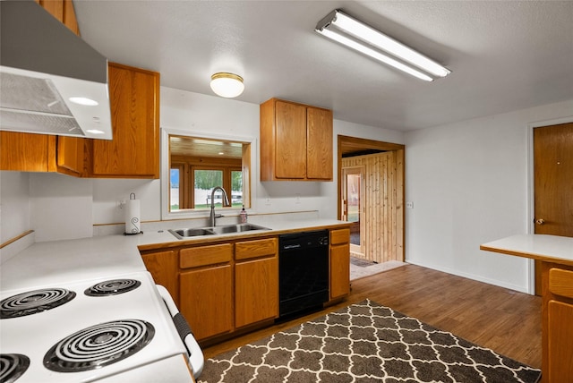 38941 Baypoint Ln, Polson, MT 59860 - kitchen with dishwasher, a sink, ventilation hood, white range with electric cooktop, and wood finished floors