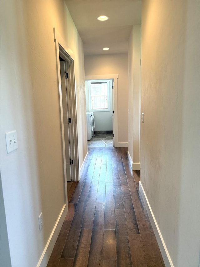 2567 Reardon Rd, Helena, MT 59602 - corridor featuring separate washer and dryer, dark wood-type flooring, recessed lighting, and baseboards
