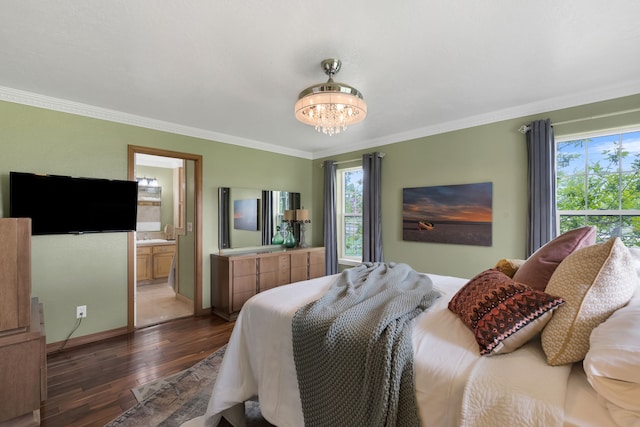 5634 Fairview Ln, Florence, MT 59833 - bedroom with ornamental molding, dark wood-type flooring, multiple windows, a chandelier, and ensuite bath