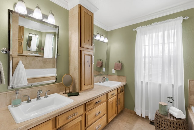 5634 Fairview Ln, Florence, MT 59833 - full bathroom with crown molding, tile patterned flooring, double vanity, and a bath