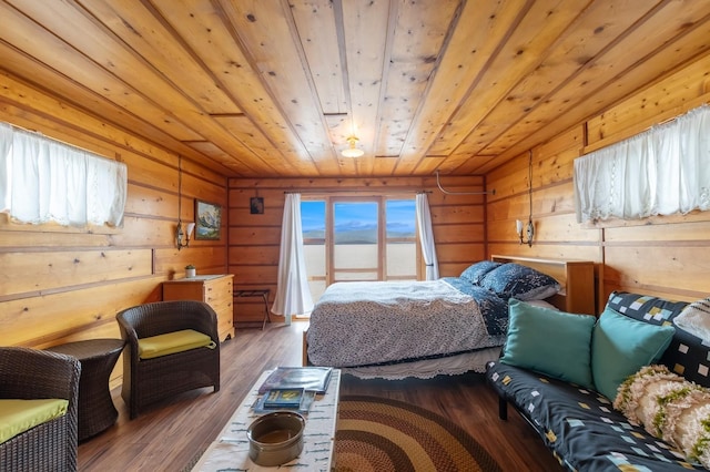 33604 Whitecap Ln, Bigfork, MT 59911 - bedroom with wood-type flooring, wooden walls, wooden ceiling, and a water view
