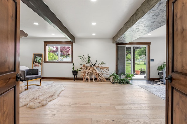4884 Lower Miller Creek Rd, Missoula, MT 59803 - sitting room featuring beam ceiling, plenty of natural light, light wood finished floors, and recessed lighting