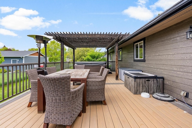4884 Lower Miller Creek Rd, Missoula, MT 59803 - wooden deck featuring a hot tub, outdoor dining area, and a pergola