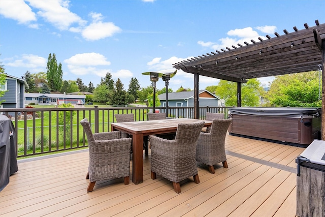 4884 Lower Miller Creek Rd, Missoula, MT 59803 - wooden terrace featuring a hot tub, a lawn, outdoor dining space, a pergola, and a residential view
