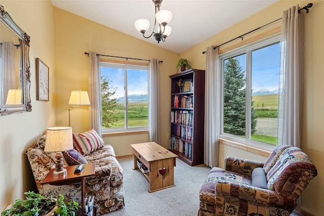 33 Windy Meadow Dr, Townsend, MT 59644 - living area featuring carpet, healthy amount of natural light, vaulted ceiling, a chandelier, and baseboards