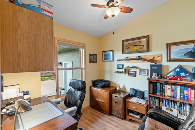 33 Windy Meadow Dr, Townsend, MT 59644 - office featuring ceiling fan, light wood-style floors, vaulted ceiling, and a sink