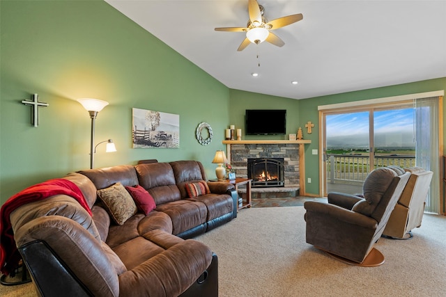 33 Windy Meadow Dr, Townsend, MT 59644 - living room featuring carpet flooring, lofted ceiling, ceiling fan, and a stone fireplace