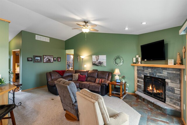 33 Windy Meadow Dr, Townsend, MT 59644 - living room with a ceiling fan, a fireplace, vaulted ceiling, baseboards, and recessed lighting