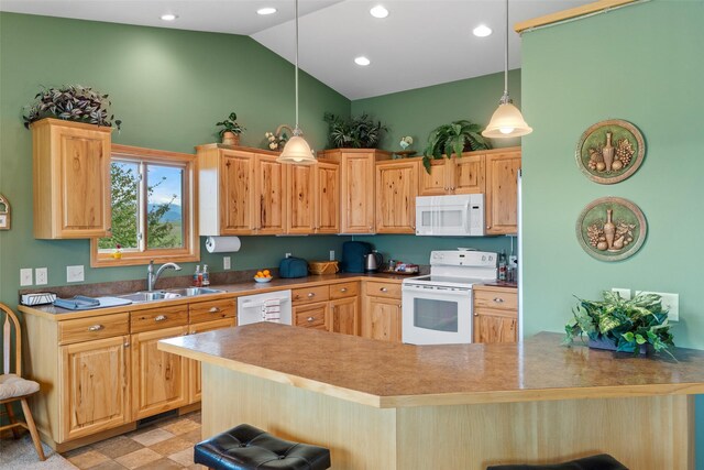 33 Windy Meadow Dr, Townsend, MT 59644 - kitchen featuring white appliances, a sink, a kitchen breakfast bar, light brown cabinets, and high vaulted ceiling