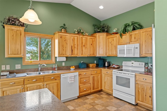 33 Windy Meadow Dr, Townsend, MT 59644 - kitchen featuring white appliances, a sink, light brown cabinets, hanging light fixtures, and high vaulted ceiling
