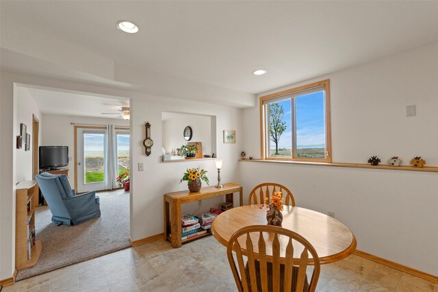 33 Windy Meadow Dr, Townsend, MT 59644 - dining area featuring baseboards, recessed lighting, ceiling fan, and light carpet