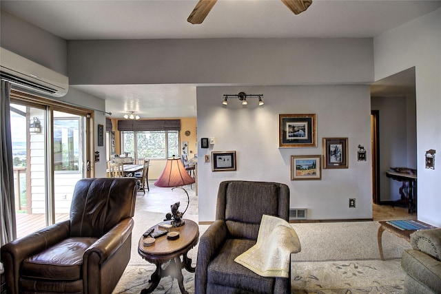 31521 Mcdonald Lake Rd, Saint Ignatius, MT 59865 - living area with a wall mounted AC, a ceiling fan, carpet floors, and baseboards