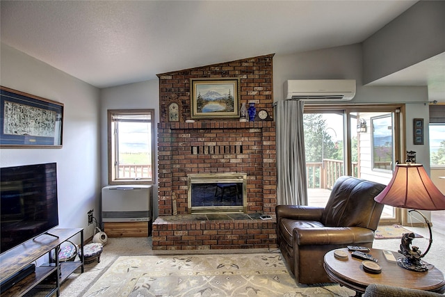 31521 Mcdonald Lake Rd, Saint Ignatius, MT 59865 - living room featuring a brick fireplace, a wall mounted air conditioner, and lofted ceiling