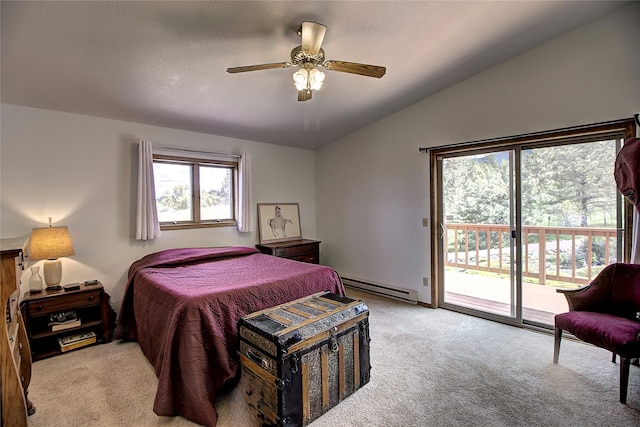31521 Mcdonald Lake Rd, Saint Ignatius, MT 59865 - bedroom featuring a baseboard heating unit, light carpet, vaulted ceiling, access to outside, and a ceiling fan