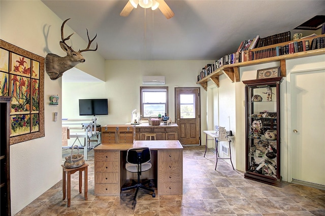 31521 Mcdonald Lake Rd, Saint Ignatius, MT 59865 - office with stone finish floors, a ceiling fan, and a wall mounted air conditioner