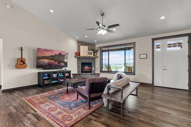 219 Rudys Way, Hamilton, MT 59840 - living area featuring ceiling fan, wood finished floors, a stone fireplace, baseboards, and recessed lighting