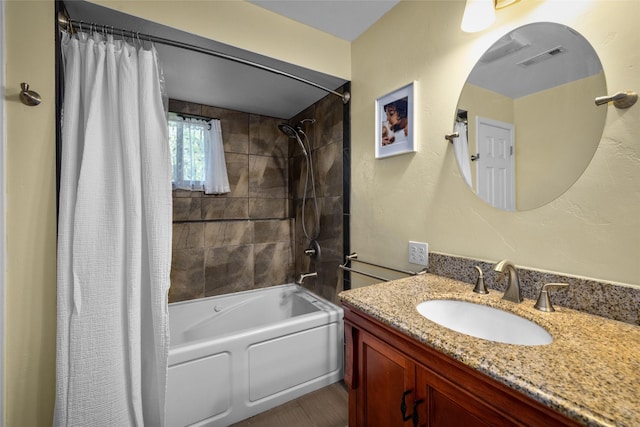 280 Hartt Hill Dr, Kalispell, MT 59901 - full bathroom with shower / tub combo with curtain, vanity, and wood finished floors