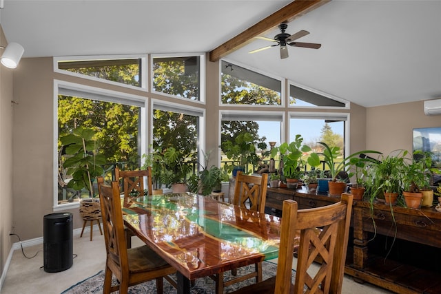 280 Hartt Hill Dr, Kalispell, MT 59901 - dining space with light carpet, a wall unit AC, a ceiling fan, and baseboards