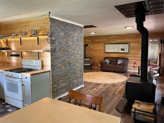 14367 US Highway 2 E, Essex, MT 59916 - living room with a wood stove, wood walls, and wood finished floors