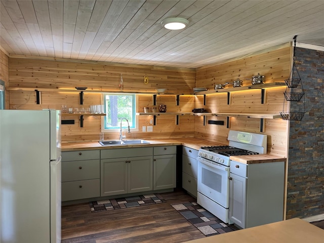 14367 US Highway 2 E, Essex, MT 59916 - kitchen featuring white appliances, a sink, wooden counters, wooden walls, and open shelves