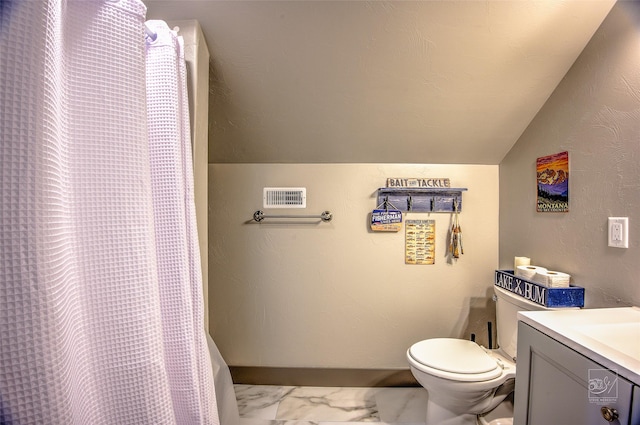 4731 Sea Ray Rd, Helena, MT 59602 - bathroom featuring toilet, marble finish floors, vanity, lofted ceiling, and a shower with curtain